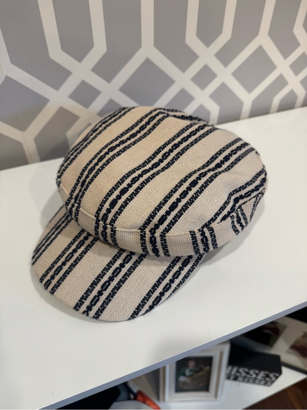Anthropologie Beige and Black Striped Baker Boy Cap